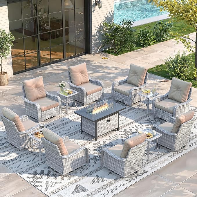 13 Piece Wicker Patio Furniture Set with 55,000 BTU Fire Pit Table, Swivel Rocking Chairs, 4''Cushions, PE Rattan, Wind Guard Glass, for Backyard, Deck or Balcony, Beige