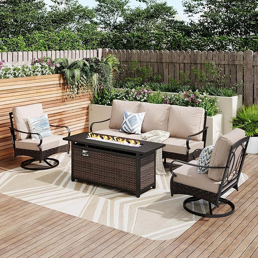 PHI VILLA 4-Piece Patio Sofa with 56" Fire Pit Table, Premium Wicker Metal Frame with Upgraded Waterproof Thick Cushions for Porch, Poolside, Deck, Beige