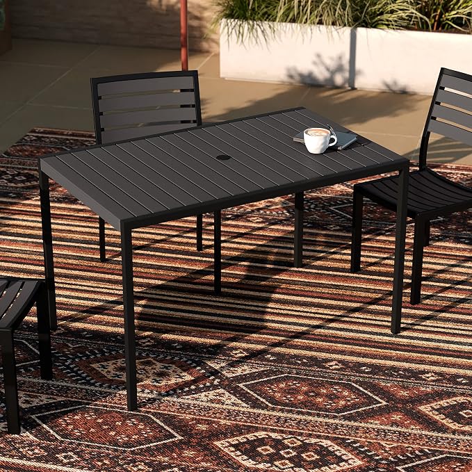 Taylor & Logan Lark Outdoor Dining Table with Synthetic Gray Wash Teak Poly Slats - 30" x 48" Steel Framed Restaurant Table with Umbrella Holder Hole