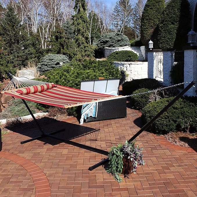 Sunnydaze Quilted Double Hammock with Stand for Outside - 400-Pound Capacity 2-Person Hammock with Stand - 15-Foot Stand - Red Stripe