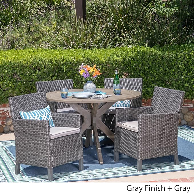 Christopher Knight Home Kirby Outdoor 5 Piece Wood and Wicker Dining Set, Gray Finish/Gray