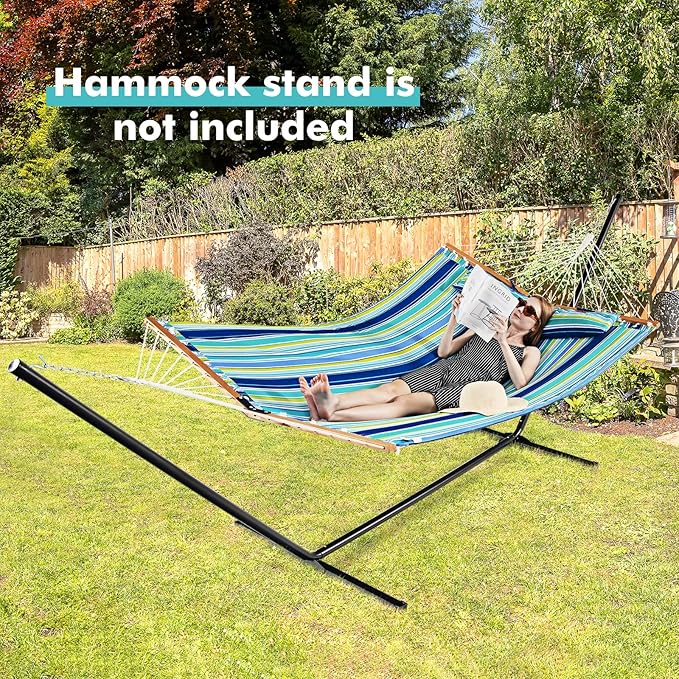 Giantex Hammock Swing Camping Hammock for Stand with Spreader Bar, Detachable Pillow, Hand Woven Cotton Ropes, Outdoor Hammocks for Patio, Backyard, Poolside(Hammock Without Stand) (Blue + Green)