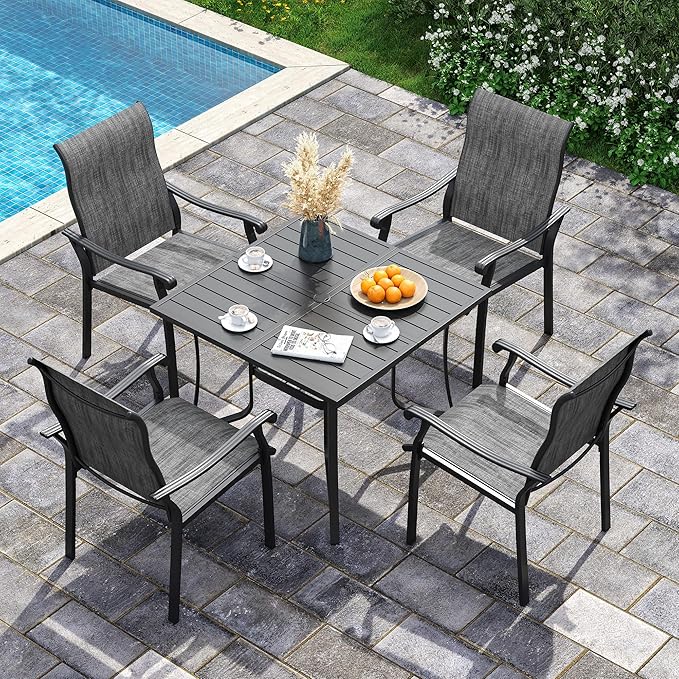 UDPATIO 5 Piece Patio Outdoor Table and Chairs for 4, 37" Black Square Table with Umbrella Hole, Metal Gray Patio Chairs Set of 4, Patio Table with Chairs, Outdoor Patio Dining Set for Lawn, Backyard