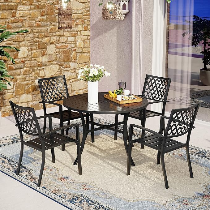 MFSTUDIO Round Outdoor Table and Chairs Set for 4 | Durable metal frame.Includes 4 chairs&patio table w/ umbrella hole.Perfect for deck,yard or patio.