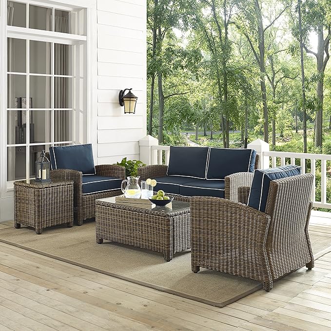 Crosley Furniture Bradenton 5-Piece Outdoor Loveseat Patio Furniture Set, Wicker Conversation Sets for Porch, Brown with Navy Cushions