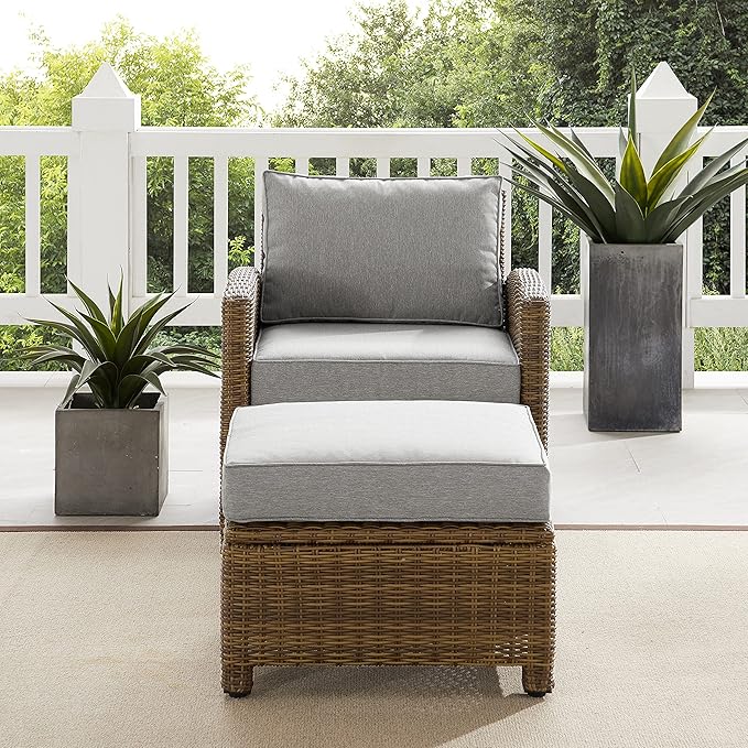 Crosley Furniture Bradenton 2-Piece Outdoor Chair and Ottoman Set, Wicker Patio Conversation Sets for Porch, Brown with Gray Cushions