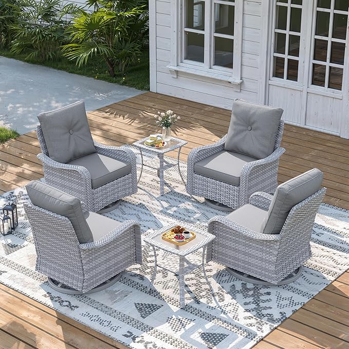 6 Piece Wicker Patio Furniture Set, Swivel Rocking Chairs with 4''Cushions, PE Rattan, Rust Resistant Frame, Double Layer Glass Side Table, for Backyard, Deck or Balcony, Grey