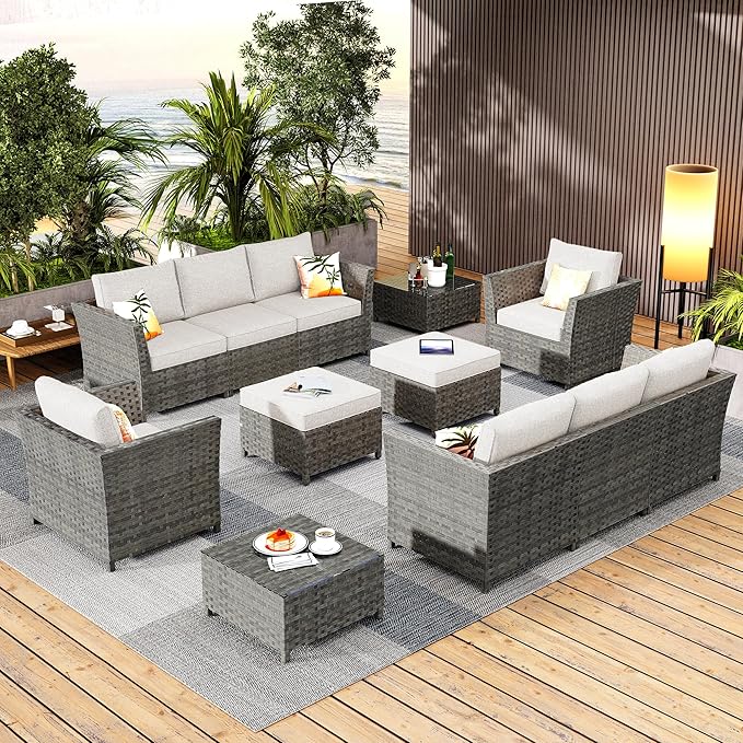 12 Pieces Outdoor Furniture Patio Sectional Sofa Couch Gray PE Wicker Conversation Sets with Ottomans Glass Coffee Table for Garden Poolside Backyard