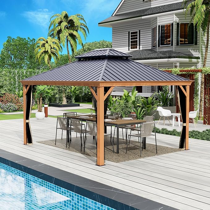 Kozyard Apollo 12’x14’ Hardtop Gazebo, Wooden Coated Aluminum Frame Canopy with Galvanized Steel Double Roof, Outdoor Permanent Metal Pavilion with Netting for Patio Lawn