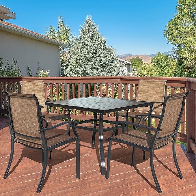 NUU GARDEN 5 Piece Outdoor Dining Set Patio Table and Chairs Set, 4 Textilene Dining Chairs and 1 Iron Patio Table with Umbrella Hole for Garden Patio Backyard, Black and Brown