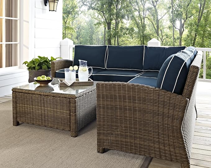 Crosley Furniture Bradenton 5-Piece Outdoor Sectional Sofa Wicker Conversation Patio Furniture Set for Deck, Brown with Navy Cushions