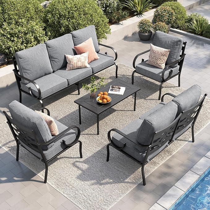 PHI VILLA Patio Furniture Set, 1 Loveseat, 3-Seater Sofa, 2 Fixed Chairs and 1 Coffee Table, Outdoor Metal Conversation Set with 5.75" Extra Thick Cushion for Garden Backyard Deck, Grey