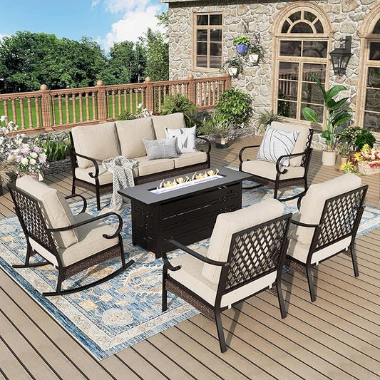 Patio Furniture Set with Fire Pit Table, Metal Outdoor Conversation Set with 5.75'' Extra Thick Cushion, 2 Rocking Chairs, 2 Leg Chairs, 3-Seat Sofa and Gas Fire Pit Table, Beige