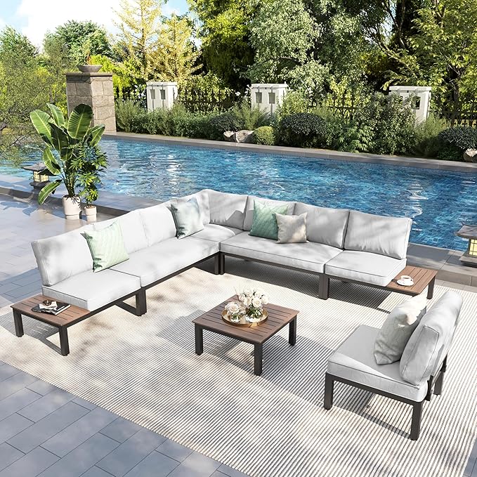 PHI VILLA Outdoor Sectional Furniture Set,7 Pieces Metal Patio Sectional Outdoor Couch Set,Modern Patio Conversation Sets with Coffee Table,Thickened Cushion,for Poolside and Backyard,Light Grey