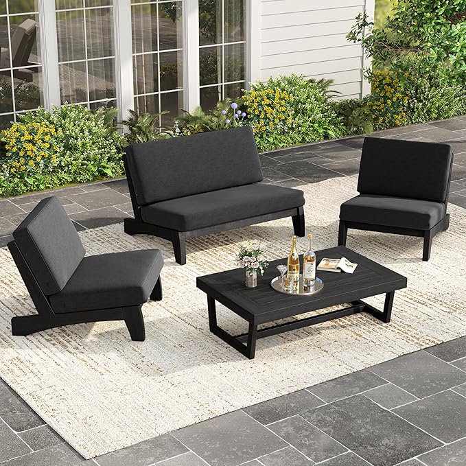 UIXE Black Wood Patio Furniture Sets, 4 Pieces All Weather Outdoor Sectional Futniture Patio Sofa Chair Backyard Conversation Set with Solid Wooden Coffee Table - Dark Gray