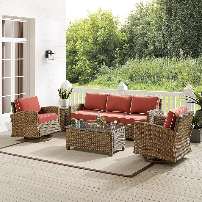 Crosley Furniture Bradenton 5-Piece Wicker Outdoor Sofa and Swivel Rocker Patio Furniture Set for Porch, Brown with Sangria Cushions