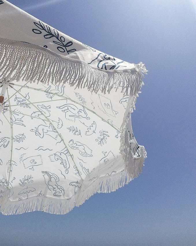 Business & Pleasure Co. Holiday Umbrella - Boho Beach Umbrella with White Fringe, UPF 50+, 1" Tilting Wood Pole, 5’ x 6.5’, Le Basque Navy