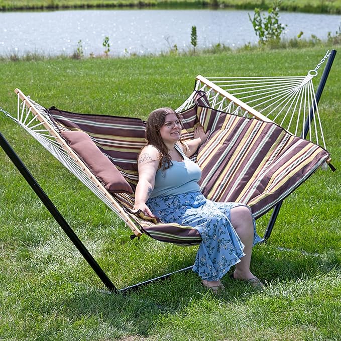 Sunnydaze Rope Hammock with Stand for Outside- 275-Pound Capacity - Includes 12-Foot Hammock Stand, Spreader Bar, Pad, and Pillow - Desert Stripe