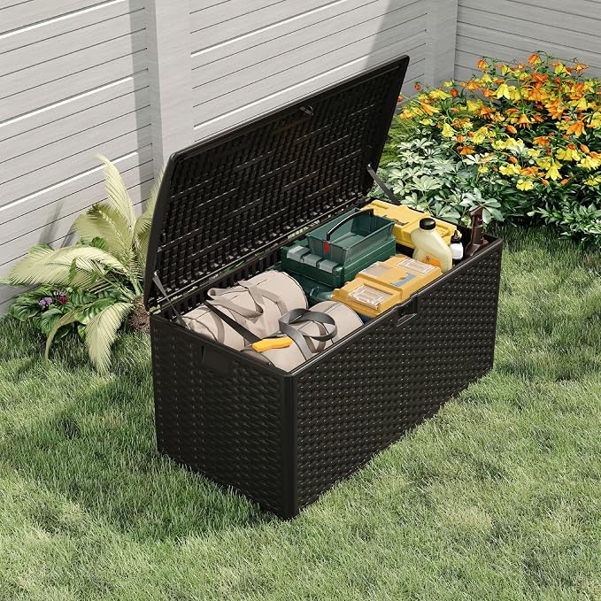 99 Gallon Outdoor Resin Deck Box - Weatherproof Large Storage Bench with Lockable Hydraulic Lid - UV Resistant Wicker Style for Garden Tools, Pool Toys, Furniture Cushions - Black