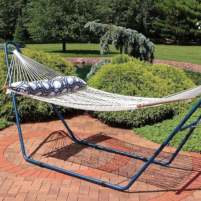 Sunnydaze Polyester Rope Double Hammock with Spreader Bars - 400-Pound Capacity - White with Navy and Gray Octagon Pillow