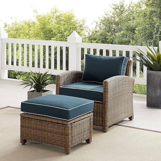 Crosley Furniture Bradenton 2-Piece Outdoor Chair and Ottoman Set, Wicker Patio Conversation Sets for Porch, Brown with Navy Cushions