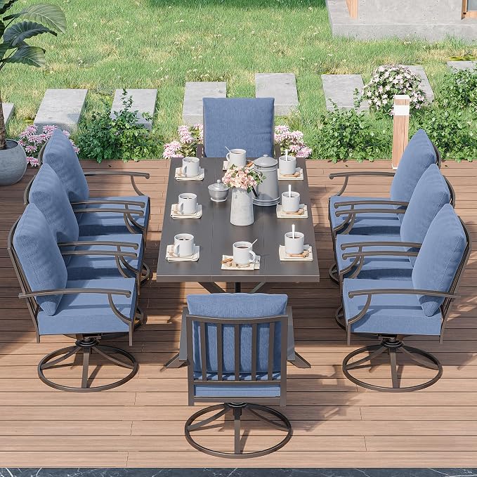 Kurapika 9 Pieces Patio Dining Set Outdoor Furniture with 8 Swivel Chairs, Metal Patio Furniture Set 8 Chairs and Large Table with Umbrella Cutout for Yard Porch Deck, Navy Blue