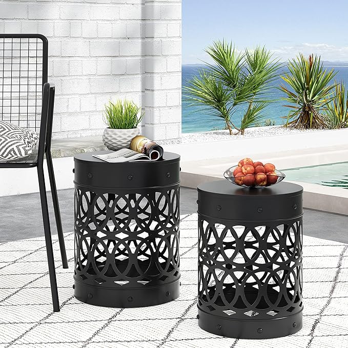 Set of 2 Round Metal Patio Side Tables Steel Accent End Tables with Geometric Circle Cut-Outs Weather Resistant Small Outdoor Furniture for Deck Pool Yard Balcony No Assembly,Black