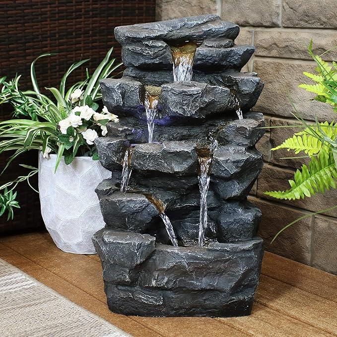 Sunnydaze 24-Inch Grotto Falls Polyresin Outdoor Water Fountain with LED Lights