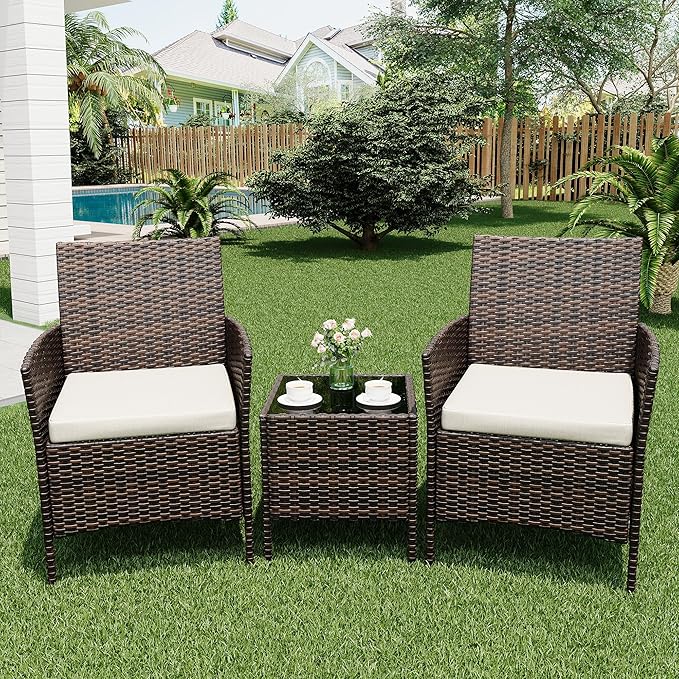 Patio Furniture Set 3 Pieces,Outdoor Patio Conversation Sets, PE Rattan Wicker Furniture Sets with 2 Chairs,Soft Cushion and 1 Coffee Table, Bistro Set of 2 for Backyard Balcony Porch Apartments,Brown