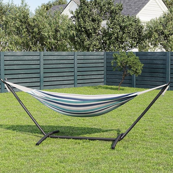 Heavy Duty Double Hammock with Steel Stand – 2 Person Cotton Hammock, 450lbs Capacity, Portable for Indoor & Outdoor, Garden, Patio, Camping, with Carry Bag, Ocean Color