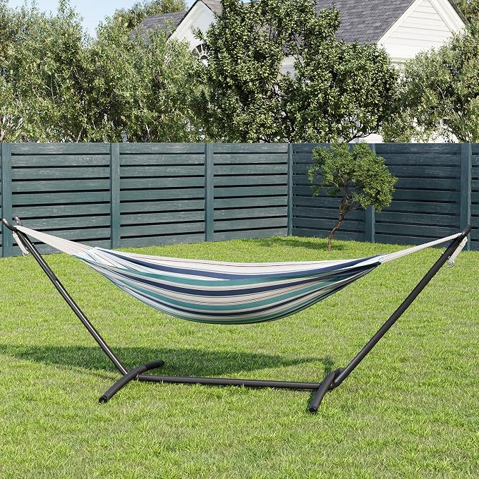Heavy Duty Double Hammock with Steel Stand – 2 Person Cotton Hammock, 450lbs Capacity, Portable for Indoor & Outdoor, Garden, Patio, Camping, with Carry Bag, Ocean Color