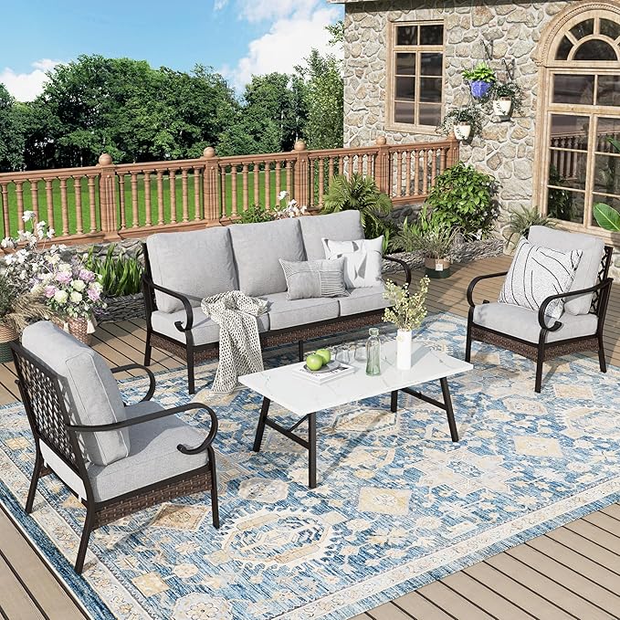 Patio Furniture Set with Coffee Table, Outdoor Conversation Set with 2 x Fixed Chairs, 1 x 3-Seat Sofa for Lawn Garden Backyard, Light Grey
