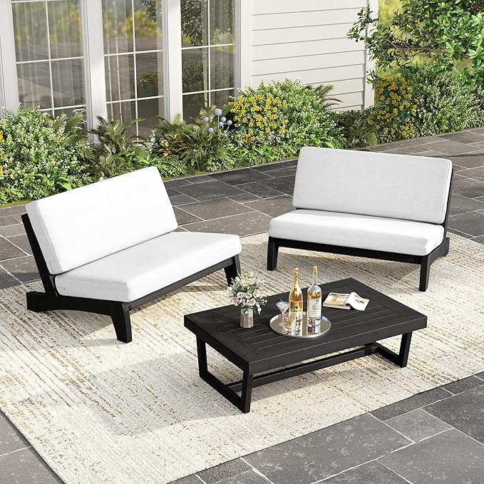UIXE Black Wood Patio Furniture Sets, 3 Pieces All Weather Patio Loveseat Sofa Outdoor Sectional Futniture Backyard Conversation Set with Solid Wooden Coffee Table - Beige