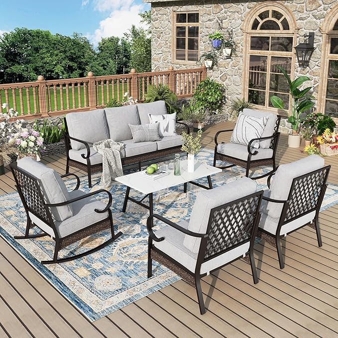 Patio Furniture Set with Coffee Table, Outdoor Conversation Set with 2 x Fixed Chairs, 2 x Rocking Chairs, 1 x 3-Seat Sofa for Lawn Garden Backyard, Light Grey