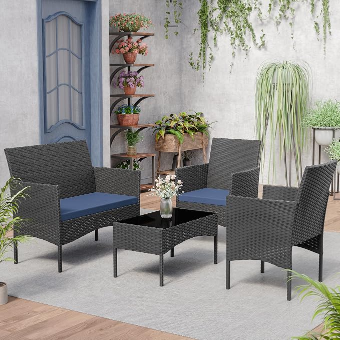 Kurapika Patio Furniture Set 4 Pieces Outdoor Wicker Rattan Chairs Conversation Sets w/Coffee Table, Rocking Bistro Set, for Patio Lawn Backyard (Navy Blue)