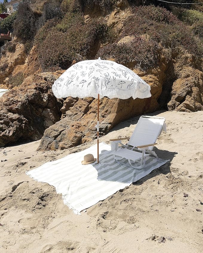 Business & Pleasure Co. Holiday Umbrella - Boho Beach Umbrella with White Fringe, UPF 50+, 1" Tilting Wood Pole, 5’ x 6.5’, Le Basque Navy