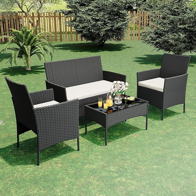 4 Pieces Outdoor Patio Furniture Sets,Wicker Rattan Conversation Sets, Bistro Patio Set with 2 Chairs,Soft Cushion,Loveseat and 1 Glass Coffee Table for Backyard Porch Garden Poolside Balcony,Black