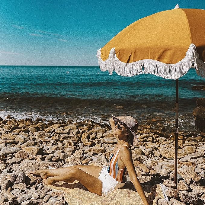 Business & Pleasure Co. Holiday Umbrella - Boho Beach Umbrella with White Fringe, UPF 50+, 1" Tilting Wood Pole, 5’ x 6.5’, Vintage Gold