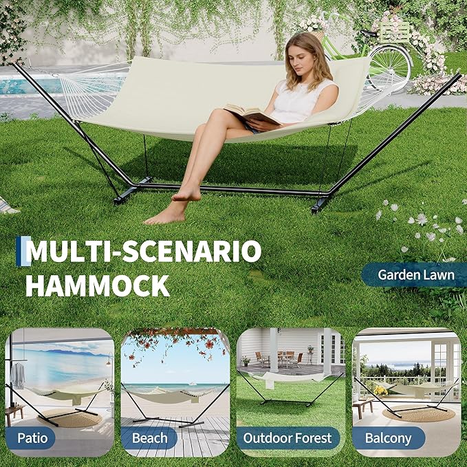 2 Person Double Hammock with Stand & Pillow, 450 LBS Heavy Duty Outdoor Hammock with Balance Rope for Patio Backyard Poolside