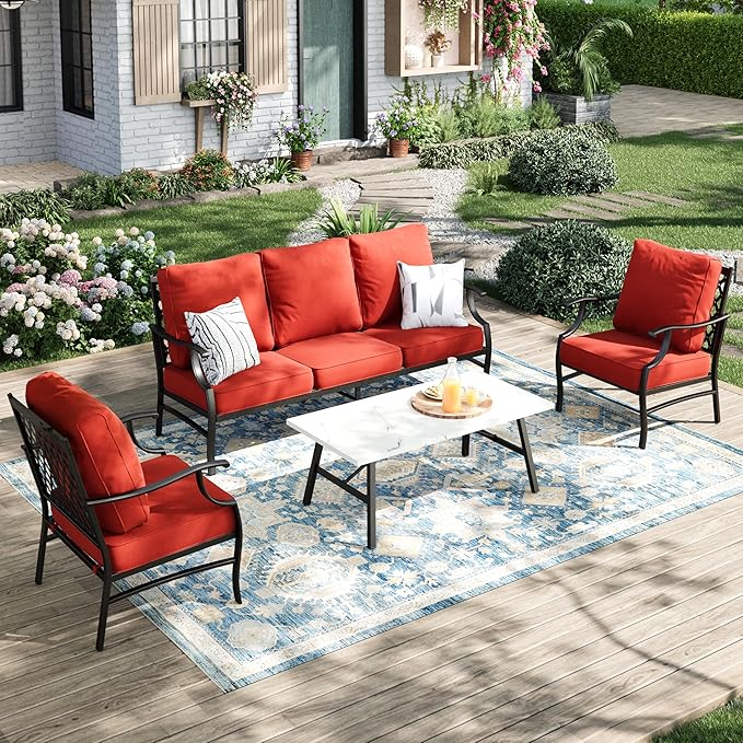 Patio Furniture Set 4 pcs, Metal Outdoor Patio Furniture, 3-Seat Sofa, 2 Single Chairs, Coffee Table and 5.75" Extra Thick Cushion, Conversation Set for Backyard Deck, Red