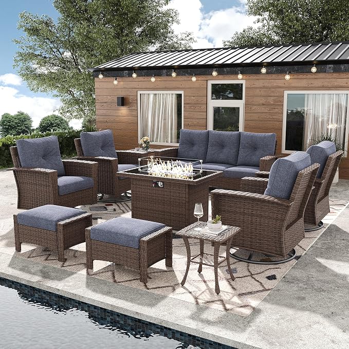 10 Pieces Outdoor Patio Furniture Set with Fire Pit Table, Wicker Patio Sectional Set Conversation Wicker Swivel Chairs with Small Side Table