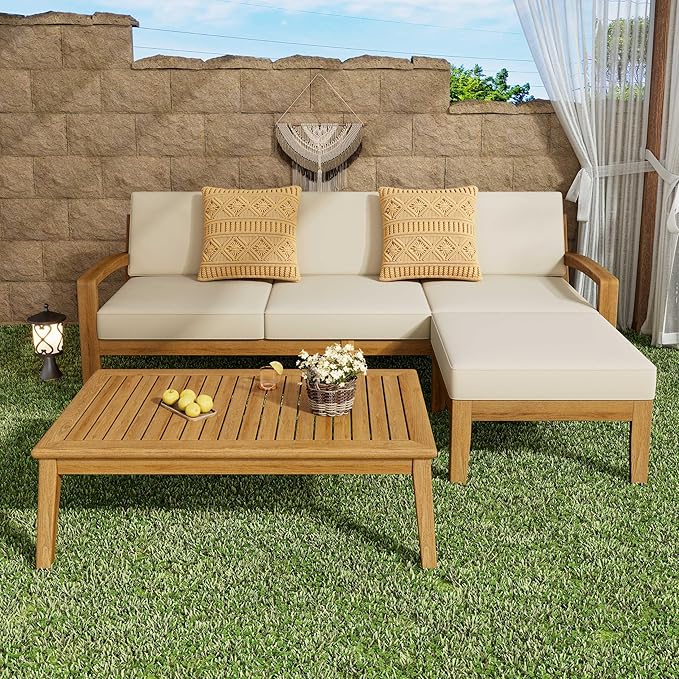 LUMISOL 3 Pieces Acacia Wood Patio Sectional Sofa with Coffee Table, L-Shaped Outdoor Furniture Set with Ottoman, Conversation Set Sectional Sofa with Cushions for Garden, Backyard, Poolside, Beige