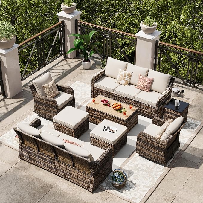 MEISSALIVVE Outdoor Patio Furniture Set with Swivel Chair, 8 Pieces Patio Conversation Set, Patio Sectional Furniture Set with 2 Three-seat Sofa, 2 Ottomans and Coffee Table (Brown)