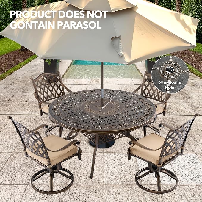5-Piece Cast Aluminum Outdoor Table and Chairs, Classic Vintage Patio Dining Set for 4 Include 54.5" Round Dining Table and 4 Swivel Chairs with Removable Cushion and Umbrella Hole