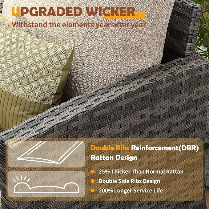 UDPATIO Patio Furniture Set with 44" Fire Pit Table, 8 Pieces Outdoor Sectional Conversation Sets, All-Weather Wicker Rattan Sofa Ottoman with 4" Thick Cushion for Garden Backyard Deck, Khaki