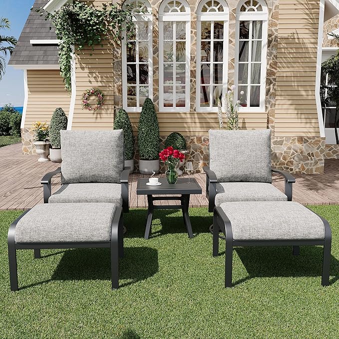 HOMREST Outdoor Swivel Rocker Patio Chairs with Ottomans and Coffee Table 5 PCS Bistro Set, 360 Degree Swivel Rocking Chair Patio Conversation Set with Thickened Cushions for Garden, Deck and Poolside