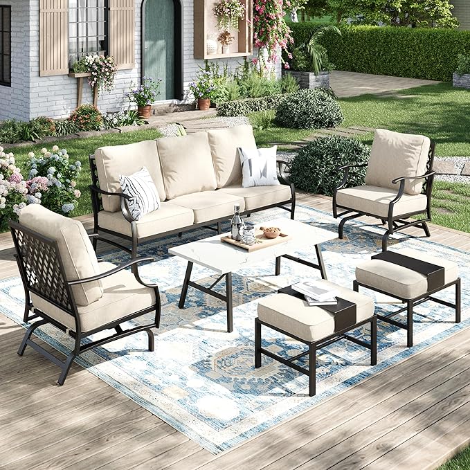 Patio Furniture Set 6 pcs, Outdoor Patio Furniture, 3-Seat Sofa, 2 Rocking Chairs, 2 Ottomans, Coffee Table and 5.75" Extra Thick Cushion, Patio Conversation Set for Backyard Deck,Beige