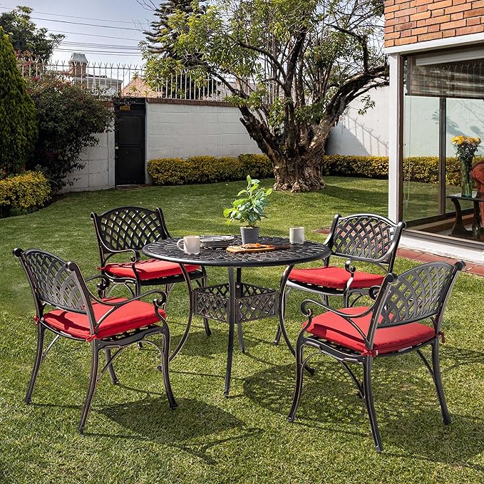 NUU GARDEN 5 Piece Patio Dining Set, Cast Aluminum Outdoor Dining Sets with Red Cushions, Round Patio Dining Table with Umbrella Hole for Garden, Backyard, Balcony, Black with Bronze Edge
