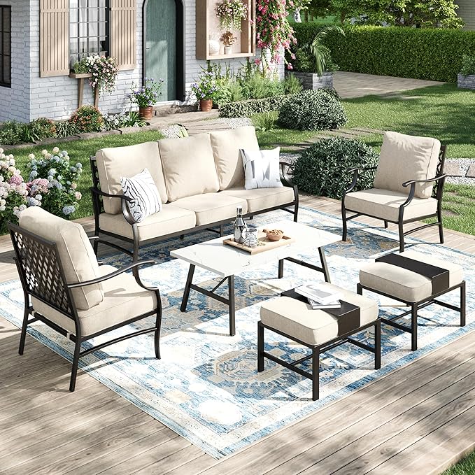 Patio Furniture Set 6 pcs, Outdoor Patio Furniture, 3-Seat Sofa, 2 Single Chairs, 2 Ottomans, Coffee Table and 5.75" Extra Thick Cushion, Patio Conversation Set,Beige