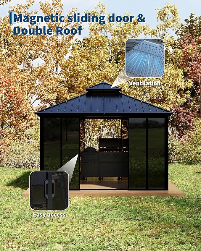 12x12 ft Hardtop Gazebo Sunroom, All-Season Outdoor Room with Aluminum Frame, Enclosed Patio Solarium with Polycarbonate Sliding Doors & Double Roof for Backyard, Deck, and Hot Tub Enclosure